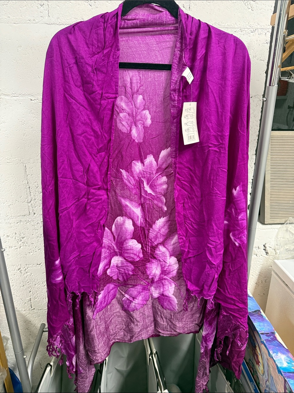 Women's Purple Floral Open Front Shawl Cardigan NWT - Swim Cover Up Tassles